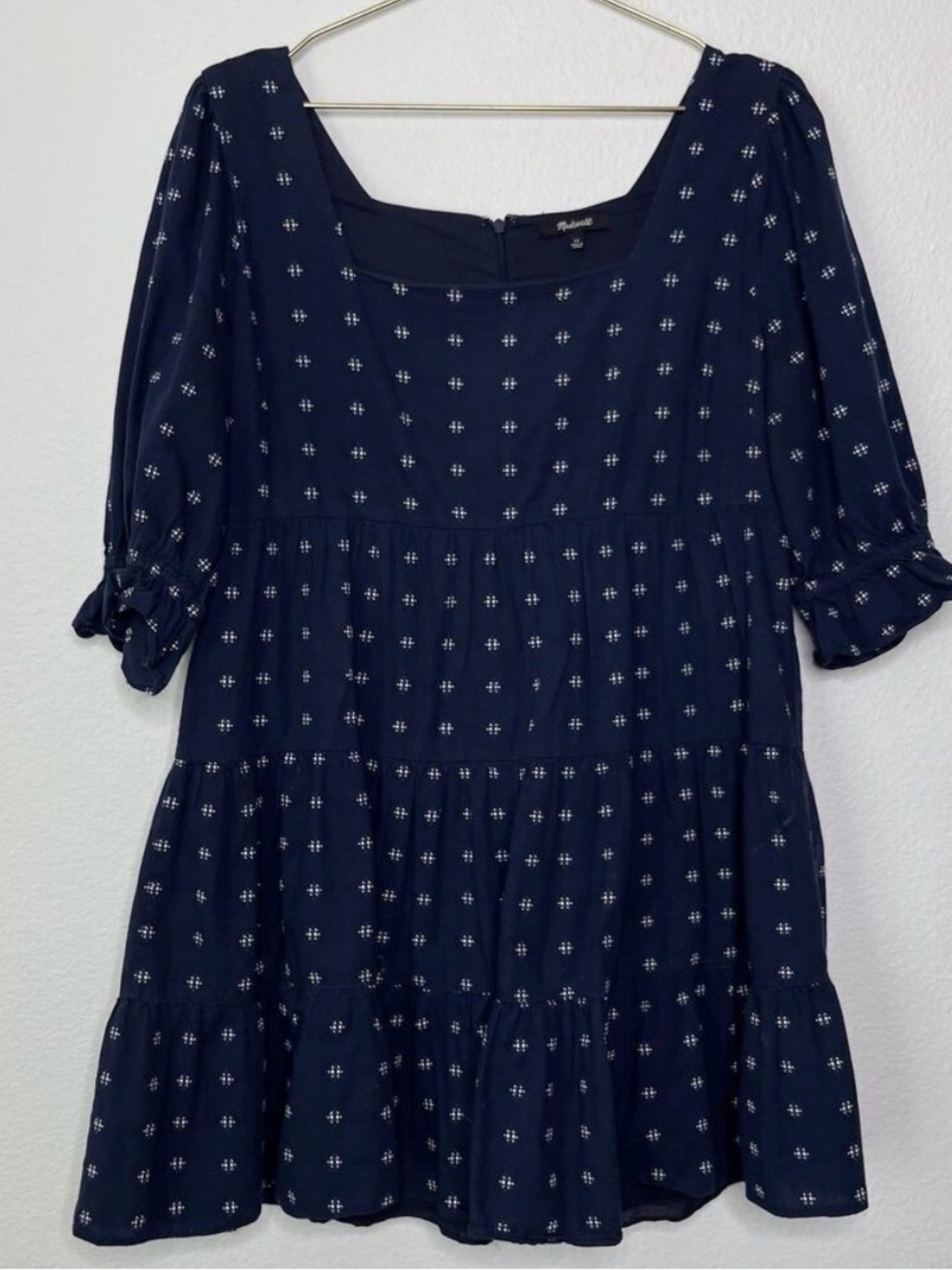 Madewell Babydoll Dress Sz 12 Mini Tiered Blue Square-Neck Puff Sleeve Sundress